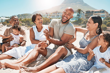 Image showing Grandparents, parents and children on beach, vacation and holiday on sand, have fun and happy together. Family, mother and kids being relax, on seaside and playing with laugh, smile and summer travel