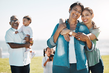 Image showing Black family, happy and smile in park with mother, kids and grandparents together in sunshine. Woman, mom and children with grandpa on grass for bonding, portrait and outdoor with happiness in summer