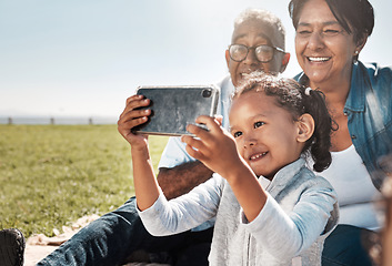 Image showing Selfie, phone and girl with grandparents in park for family, happy and technology in summer together. Smile, internet and online with old couple and child relax on grass for bonding and lifestyle