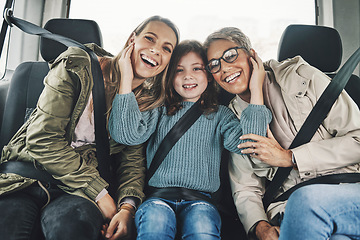 Image showing Road trip, family and travel with child, mother and grandma feeling happy, traveling together in back seat of car for fun. Women and girl kid using transportation and enjoy Australia journey