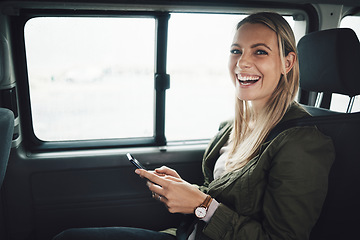 Image showing Woman, road trip and phone for location, gps and map of summer vacation holiday direction. Portrait, smile or happy tourist in car for adventure travel with 5g mobile technology for fun internet game