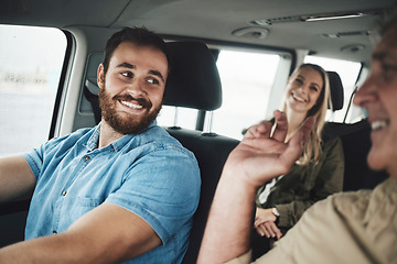 Image showing Happy man driving car, travel on road trip for family vacation in Dublin and journey on countryside highway. Group transport together, friends summer adventure and vehicle driver smile at father