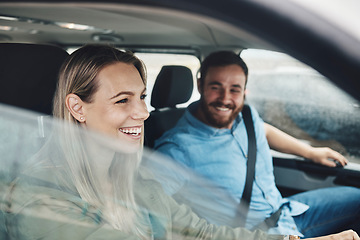 Image showing Couple, happy and road trip car travel of people with a smile using motor transportation. Happiness, love and relax traveling drive experience of a girlfriend and boyfriend together ready for holiday