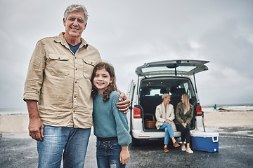 Image showing Big family, grandfather and girl on beach road trip, holiday or vacation. Happy family portrait, love and van trip outdoors, having fun and spending time together, talking or bonding, care or support