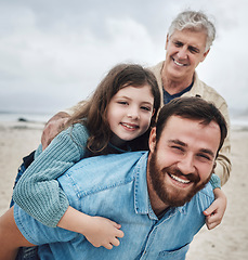 Image showing Men, family generations and piggyback child at beach, fun and happy together, bonding outdoor and travel in nature. Smile in portrait, father and grandfather with kid, spending quality time and love.