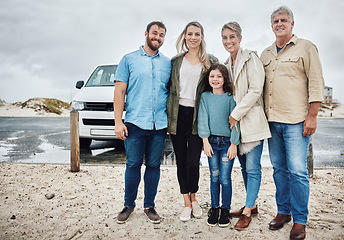 Image showing Grandparents, mother and father with child, on road trip and happy have vacation, adventure and travel together. Family, with girl and enjoy holiday, getaway and relax with smile, bonding or portrait