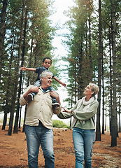 Image showing Hike, nature and children with senior foster parents and their adopted son walking on a sand path through the tress. Family, hiking and kids with an elderly man, woman and boy taking a walk outside
