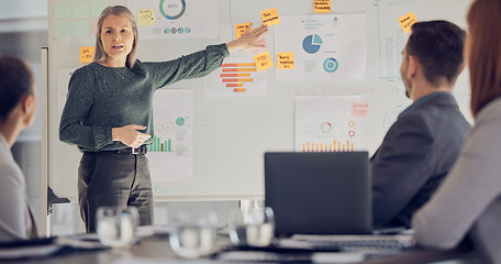 Image showing Business leader, charts and presentation with employees, coach or manager talk growth for teamwork training meeting on whiteboard. Men and women at discussion for marketing campaign and planning