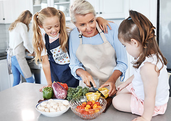 Image showing Grandmother, children and cooking in the kitchen together with vegetables in the family home. Cutting, food and elderly woman in retirement teaching young girl kids to cook meal for lunch or dinner.