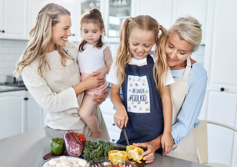 Image showing Family, cooking and vegetables, women and girl together in kitchen, spending quality time and bonding. Mother, daughter and grandmother, fresh and healthy food, nutrition and life skill development.