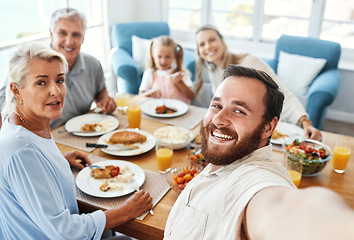 Image showing Love, selfie and food with big family in home for cheerful photograph together in Australia. Parents, grandparents and child at lunch dining table with happy smile for picture memory in house.