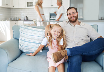 Image showing Relax, father and child on the sofa in the living room of their house together. Portrait of happy, excited and young girl with care and affection from her dad while bonding on the couch in the lounge