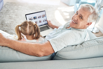 Image showing Love, child and laptop on sofa with grandfather for screen app leisure together in Australia. Smile of happy and elderly grandpa streaming cartoon at family home to bond with grandchild.