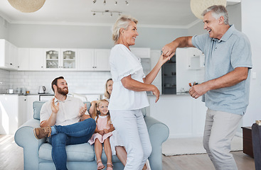 Image showing Senior couple dance together for retirement, family or marriage celebration with happiness with kid in background. Elderly pension people dancing to music with love, care and wellness in living room
