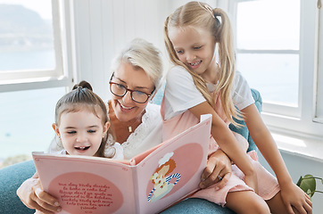 Image showing Book, reading and grandmother with children for learning, language development and English education in living room sofa. Senior family, elderly woman teaching kids story for kindergarten holiday fun