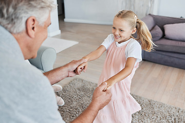 Image showing Family love, grandfather and child, playing at family home and bonding together in living room. Senior man, young girl have fun and playful, swing and hand holding, happy in retirement and holiday.