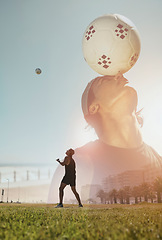 Image showing Soccer man, overlay and balance a ball, play and training for a game on a grass field outdoor. Football, fitness and exercise with an athlete playing sports with double exposure of healthy young male