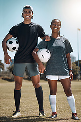 Image showing Friends, soccer and fitness, soccer field and soccer player together for workout and sport training outdoor portrait. Black woman, Mexican man and soccer ball, sports motivation and team in game.