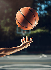 Image showing Basketball court, hands or ball texture for fitness, training or exercise for competition game or match. Zoom, sports man or basketball player ready for workout or health wellness with winner mindset