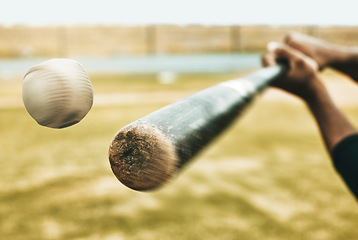 Image showing Baseball, speed and game action bat on field with athlete man playing in competitive sport match. Swing, strike and baseball stadium competition of professional player with fast hit movement.