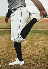 Image showing Baseball player, stretching and man on sports field doing warm up exercise, workout training at baseball field. Sports, baseball player and body preparation with athletic guy getting ready for match