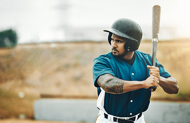 Image showing Baseball player, training and bat for fitness workout on outdoor sports field. Serious athlete batter man, professional athlete and softball pitch for health and wellness exercise for baseball game