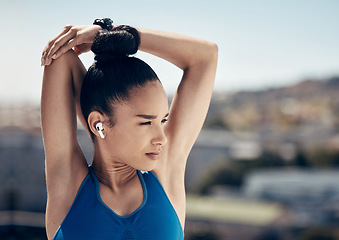 Image showing Fitness, woman and stretching arms for sports exercise, workout and training in the city outdoors. Active female in sport stretch for health, wellness and motivation for physical activity outside