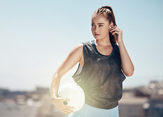 Image showing Woman, soccer ball or thinking of fitness goals, training match target or Canada city workout game. Football player, sports athlete or exercise coach listening to health radio music or winner podcast