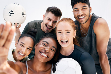 Image showing Happy, selfie and portrait of friends with soccer ball after training for a match together. Happiness, diversity and team with a smile holding sports balls while taking a picture during game practice