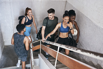 Image showing Soccer, group and fitness, walking and stairs for cardio, diversity and friends exercise together in healthy and active lifestyle motivation. Young, men and women happy, athlete and sports training.