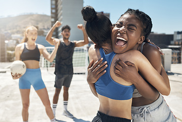 Image showing Football winner, sports and team celebrate game, competition goals or tournament victory with crazy high energy, cheer and hug. Street soccer athlete, diversity fitness people and success celebration