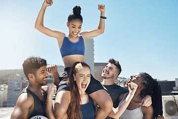 Image showing Sports, team and success celebration for winner group with happy smile and piggy back ride cheer. Achievement, competition and victory of athlete people on city rooftop celebrating.