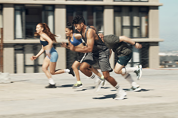 Image showing Runner, fitness and race, competitive young people and running, exercise with cardio endurance in cityscape. Diversity, men and women run, sport training and workout, active and sports lifestyle.