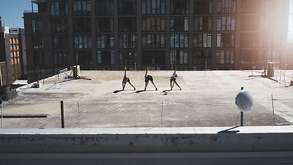 Image showing Team, soccer and stretching outdoor doing practice for game, tournament and training for play, health or fitness together. Teamwork, healthy group or cardio prepare soccer match, workout or exercise