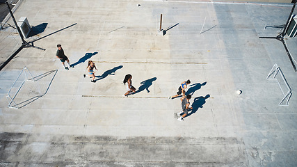 Image showing Soccer, team and playing for exercise, workout and health for fun, together and outdoor. Top view, football and healthy group for workout game day, match or playful for wellness, fitness or training