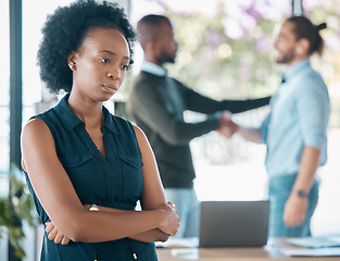 Image showing Black woman, corporate and sad thinking of career promotion failure or decline in office. Unhappy, worry and doubt of girl employee at workplace distracted with bad thoughts of rejection.