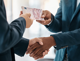 Image showing Hands, money and business exchange service or sale transaction in store. Closeup of businessmen dollar payment, boss pay worker or invest cash at bank with financial investment advisor in office