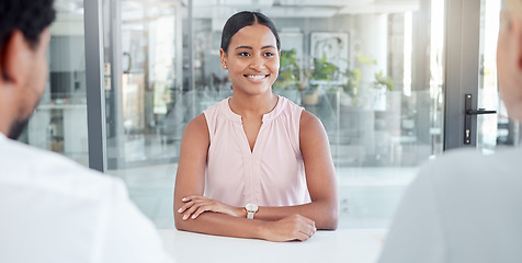 Image showing Hiring, recruitment and woman in a job interview or meeting talking to an hr manager and management in a company. Smile, human resources and happy person speaking to the ceo or boss in a business