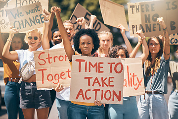 Image showing Protest, strike and climate change with a woman group fighting for our planet or human rights in the city. Environment, movement and pollution with female activist marching against global warming