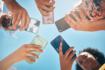 Image showing Phone circle, hands of people and low angle, communication or text. Blue sky, mobile and friends on social media, online group chat or wifi, sharing 5g data and surfing internet, web or online.