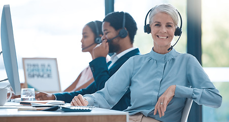 Image showing Worker, call center and contact, woman and headphones at desk, customer support or sales for telemarketing company. Senior, agent or consultant, office and working, communication and customer service