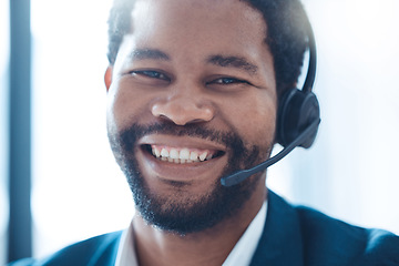 Image showing Call center, telemarketing and black man working as support, customer service or crm agent with headphones in office. Portrait, smile and face of guy as sales consultant at contact us company