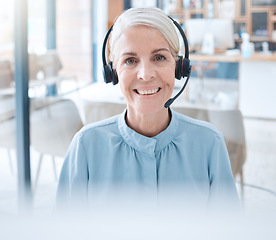 Image showing Call center, customer service and sales with a woman consultant at work on a headset in her office. Contact us, crm and telemarketing with a female consulting for help, support or technical service