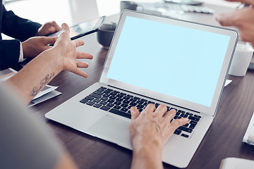 Image showing Business meeting, collaboration and laptop with mockup or green screen in startup office planning transformation for digital marketing company. Strategy, teamwork and technology, contact us website.