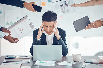 Image showing Stress, tired and business man with burnout, headache and frustrated work pressure with hands of employees giving task. Manager, mental health and data analyst male stressed and depressed at desk