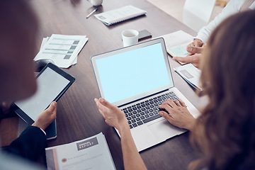 Image showing Laptop, collaboration and meeting with a finance team working together in the boardroom for planning or strategy. Accounting, computer and data with a man and woman business group in the office