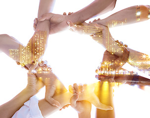 Image showing Teamwork, hands and city overlay for business team in support, trust and collaboration at digital marketing startup company. Holding hands, double exposure and solidarity in mission for staff success
