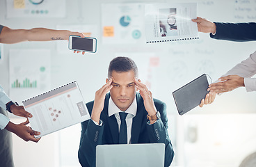 Image showing Stress, burnout and overworked with a business man suffering from a headache and feeling overwhelmed by multitasking demand. Mental health, frustrated and fail with a stressed male employea at work