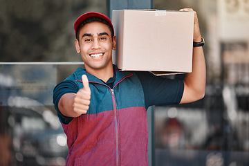 Image showing Thumbs up, courier man and delivery package from ecommerce online shopping store. Happy young friendly retail shipping worker, customer cargo box and thank you or well done support hand sign
