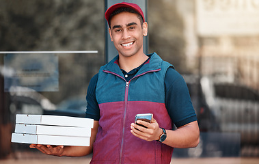 Image showing Pizza, delivery man and phone fast food app for home address or sending arrival notification on ecommerce online store website. Smile portrait of delivery guy with takeaway boxes for courier service